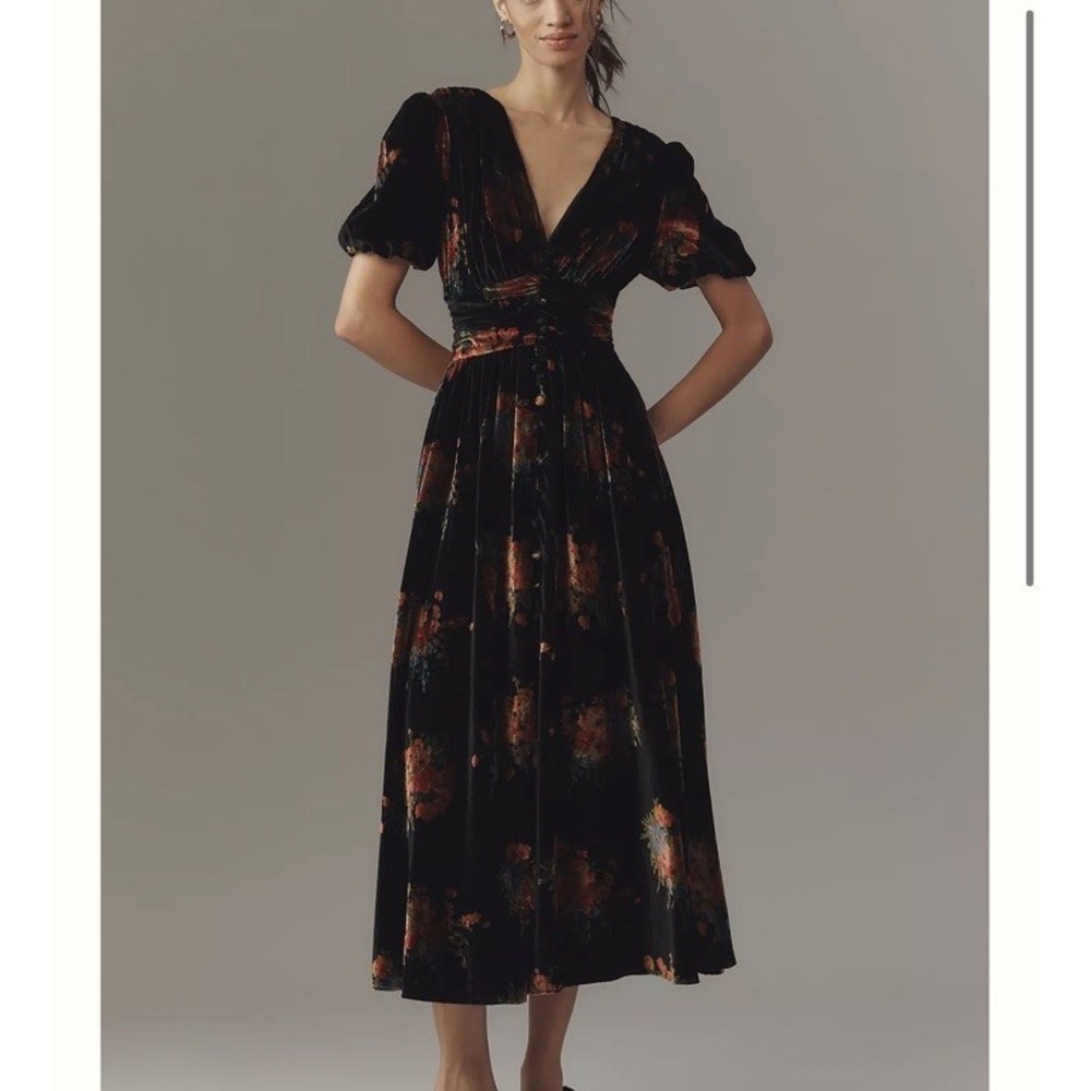 NEW Anthropologie Katerina‎ Button Front Dress Velvet Floral Black Sz XXS Boho